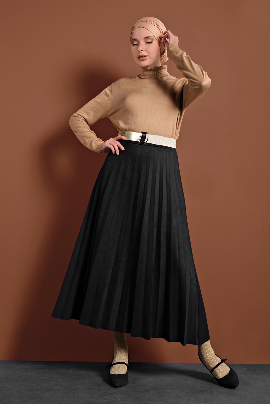 Vêtements hijab NOIR JUPE EN COTON À PLIS 1694 