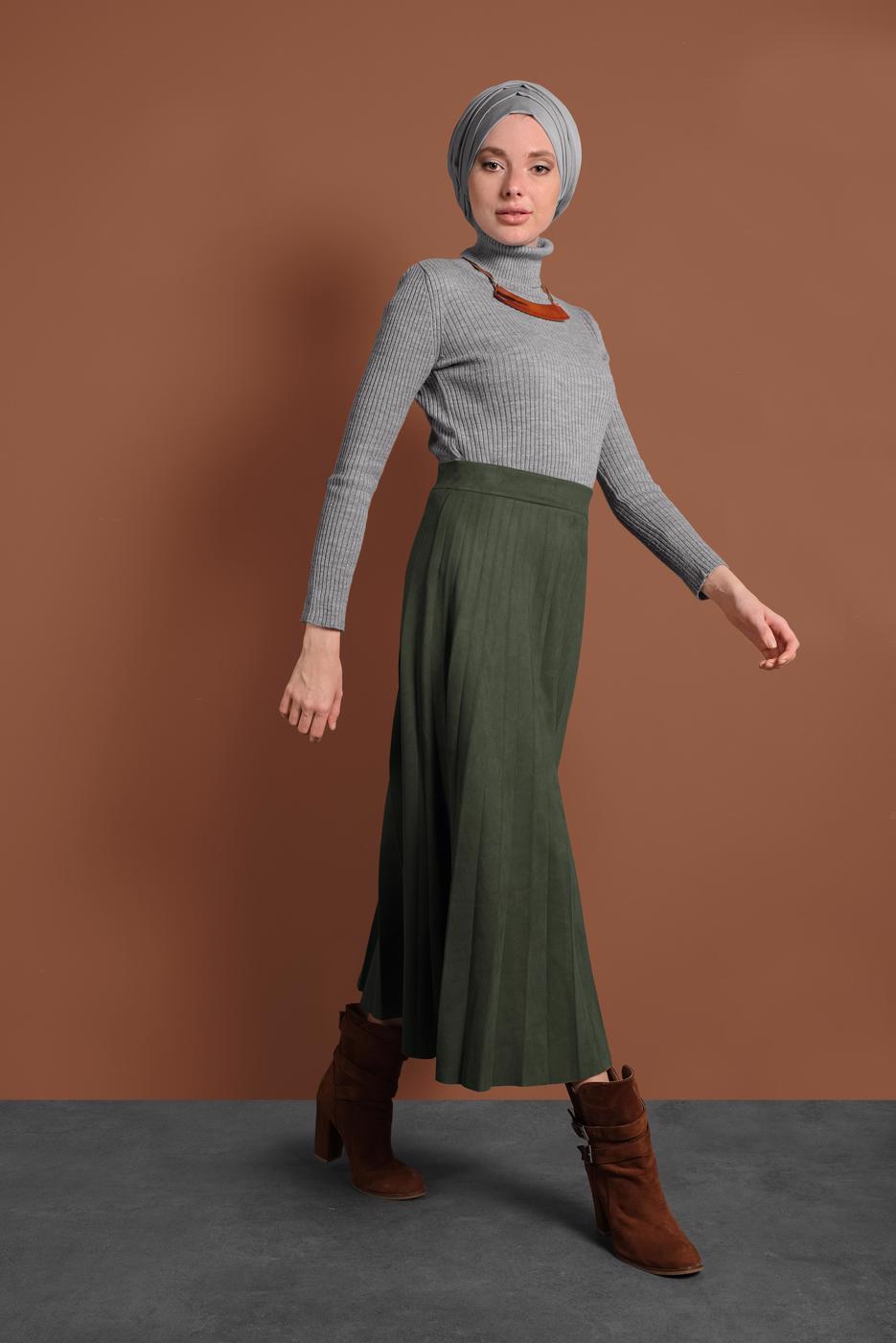 Tesettür giyim HAKİ PAMUKLU PİLİSELİ SÜET ETEK 1694