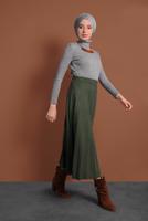 Tesettür giyim HAKİ PAMUKLU PİLİSELİ SÜET ETEK 1694