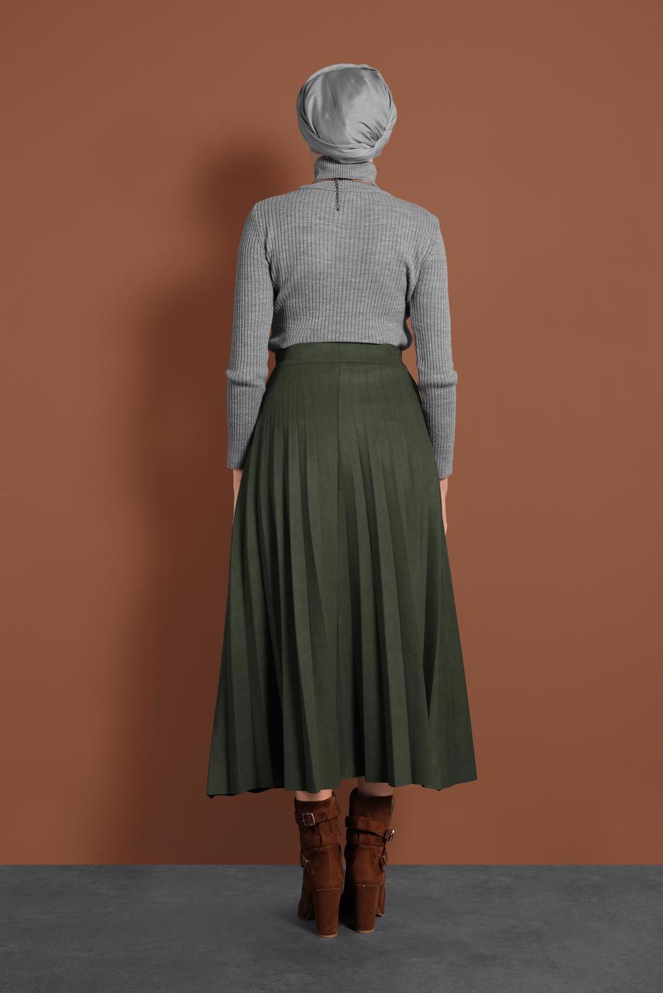 Tesettür giyim HAKİ PAMUKLU PİLİSELİ SÜET ETEK 1694