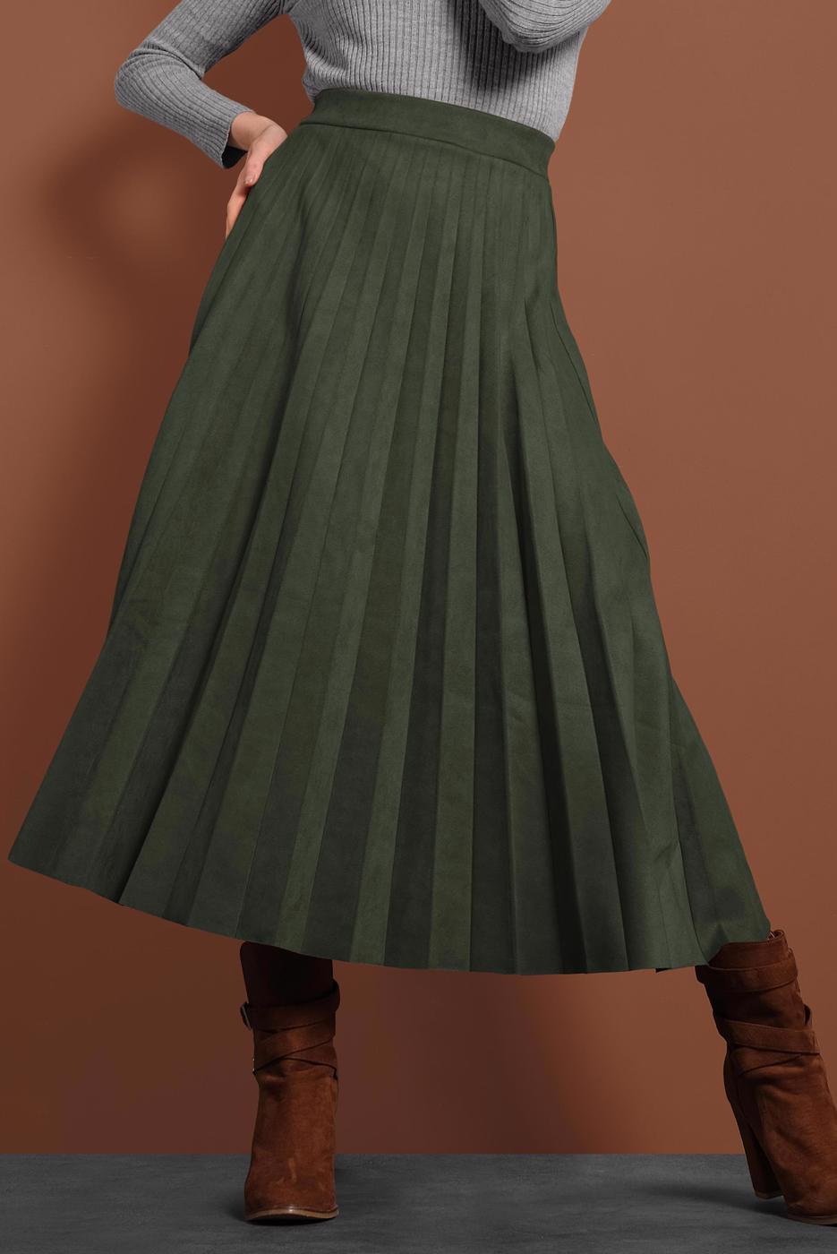 Tesettür giyim HAKİ PAMUKLU PİLİSELİ SÜET ETEK 1694