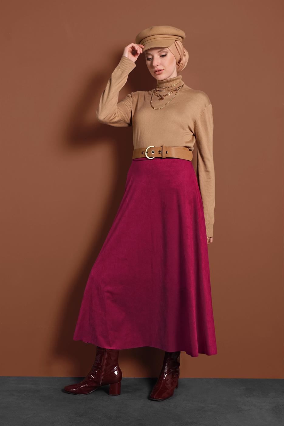 Hijab clothing CLARET RED FLOUNCE SUEDE SKIRT 1695