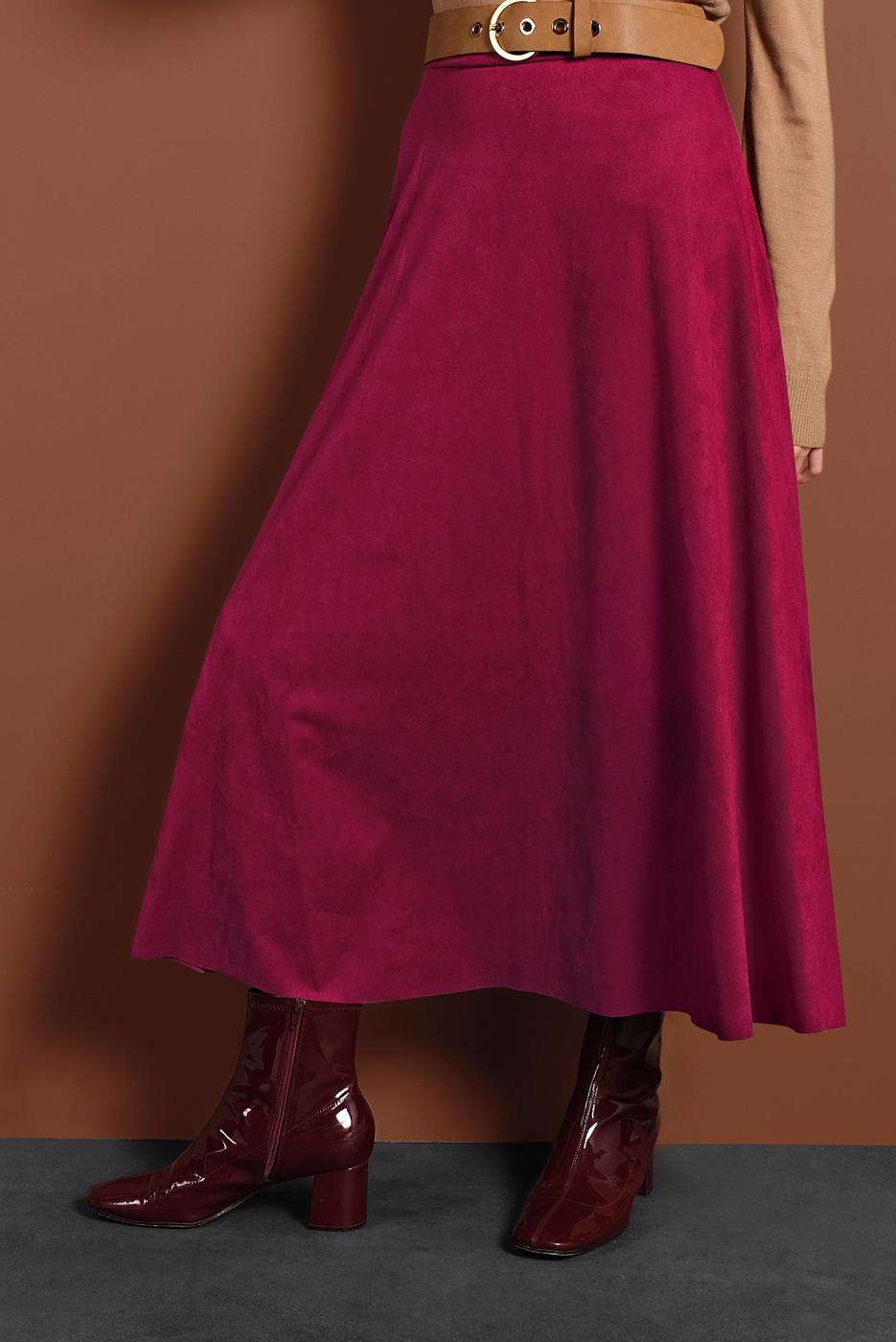 Hijab clothing CLARET RED FLOUNCE SUEDE SKIRT 1695