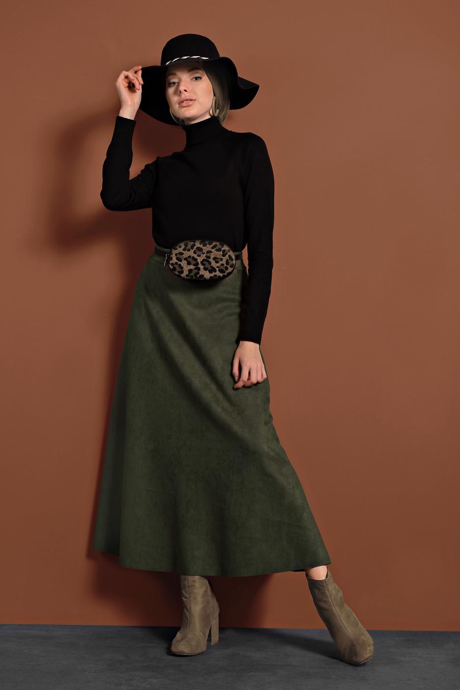 Tesettür giyim HAKİ VOLANLI SÜET ETEK 1695