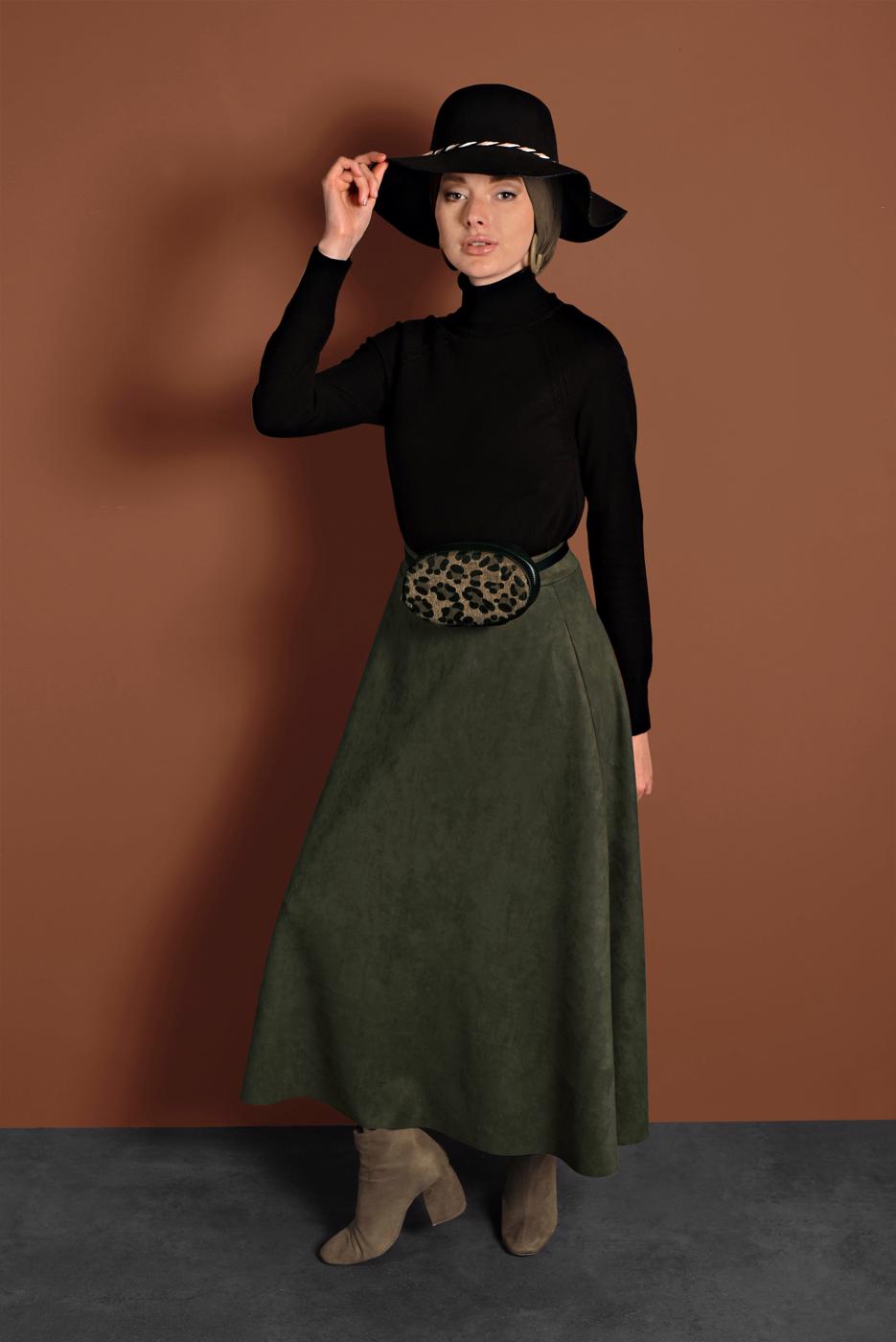 Tesettür giyim HAKİ VOLANLI SÜET ETEK 1695