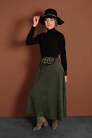 Tesettür giyim HAKİ VOLANLI SÜET ETEK 1695