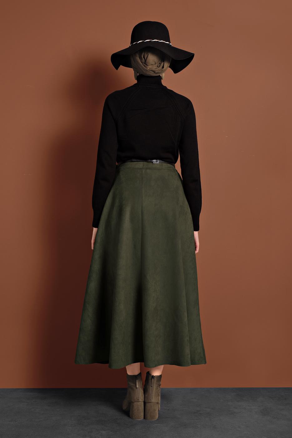 Tesettür giyim HAKİ VOLANLI SÜET ETEK 1695