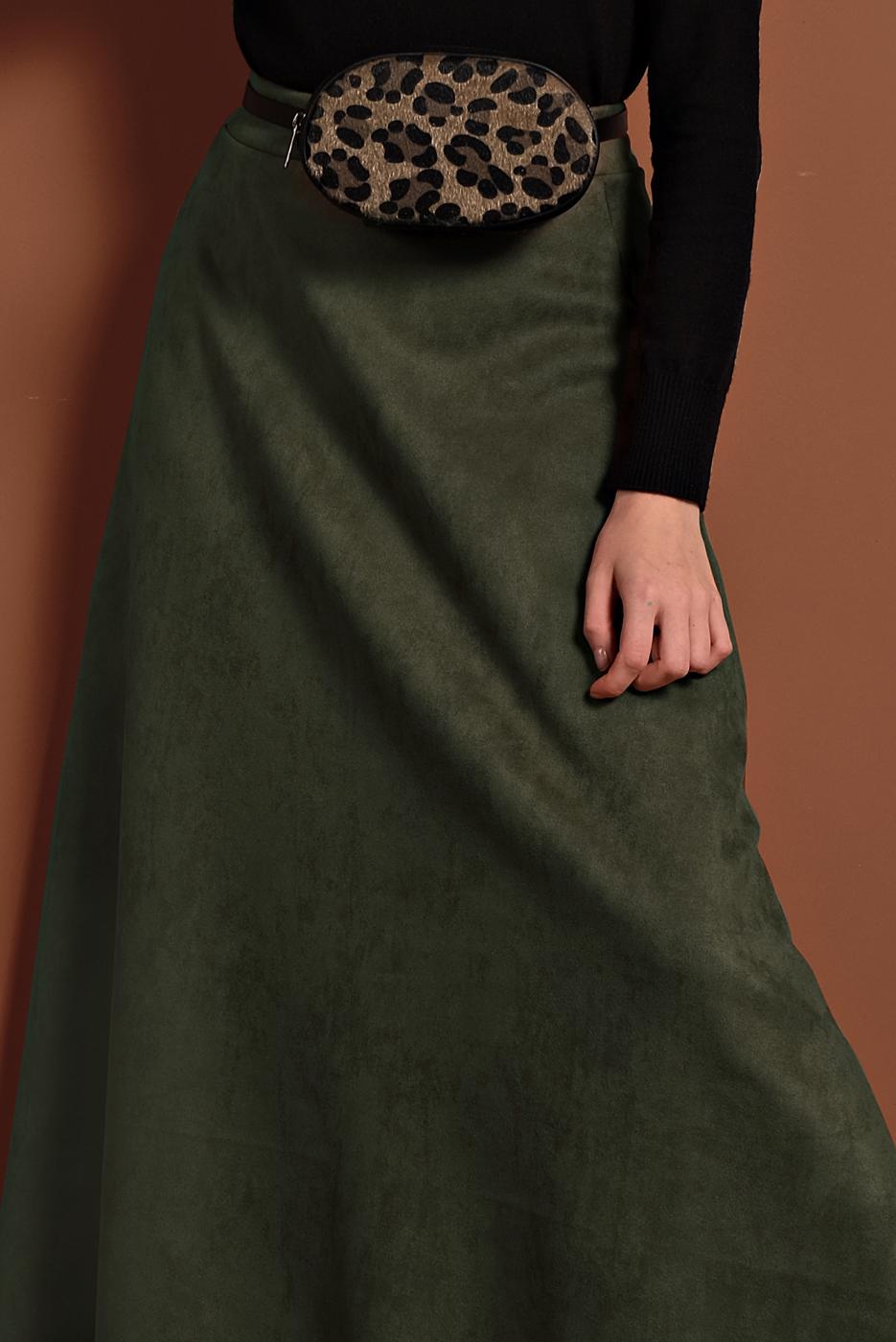 Tesettür giyim HAKİ VOLANLI SÜET ETEK 1695