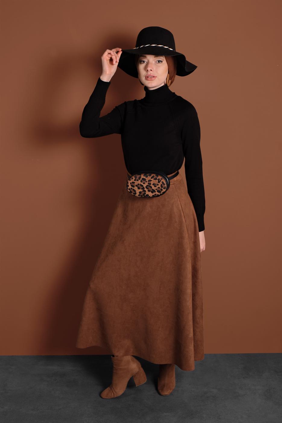 Tesettür giyim TABA VOLANLI SÜET ETEK 1695