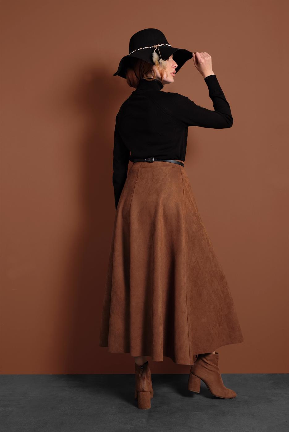 Tesettür giyim TABA VOLANLI SÜET ETEK 1695