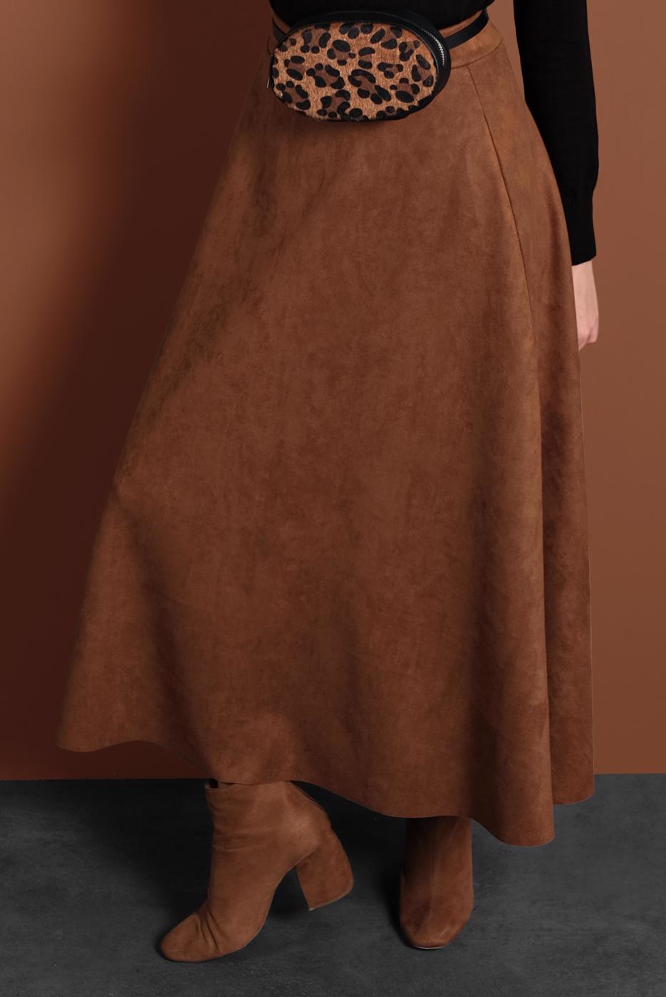 Tesettür giyim TABA VOLANLI SÜET ETEK 1695