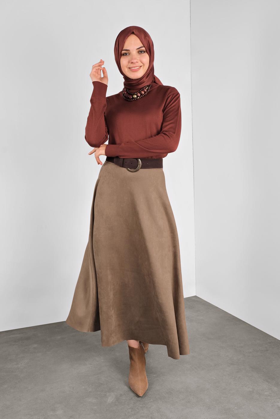 Tesettür giyim VİZON VOLANLI SÜET ETEK 1695