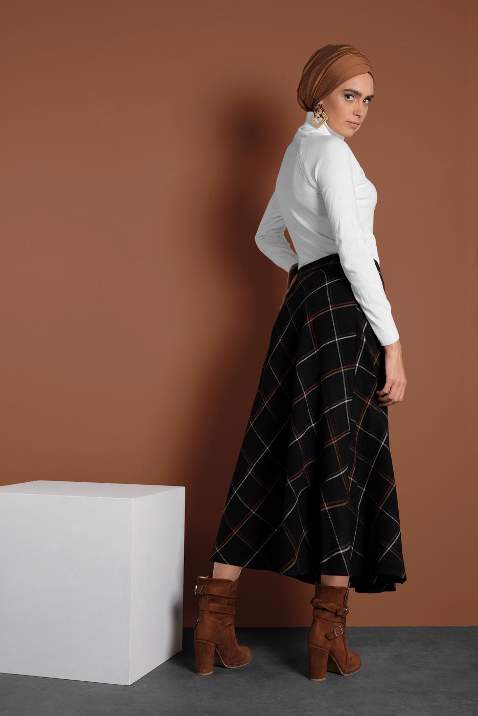 Tesettür giyim SİYAH KARELİ FERMUARLI ÇAN ETEK 2022