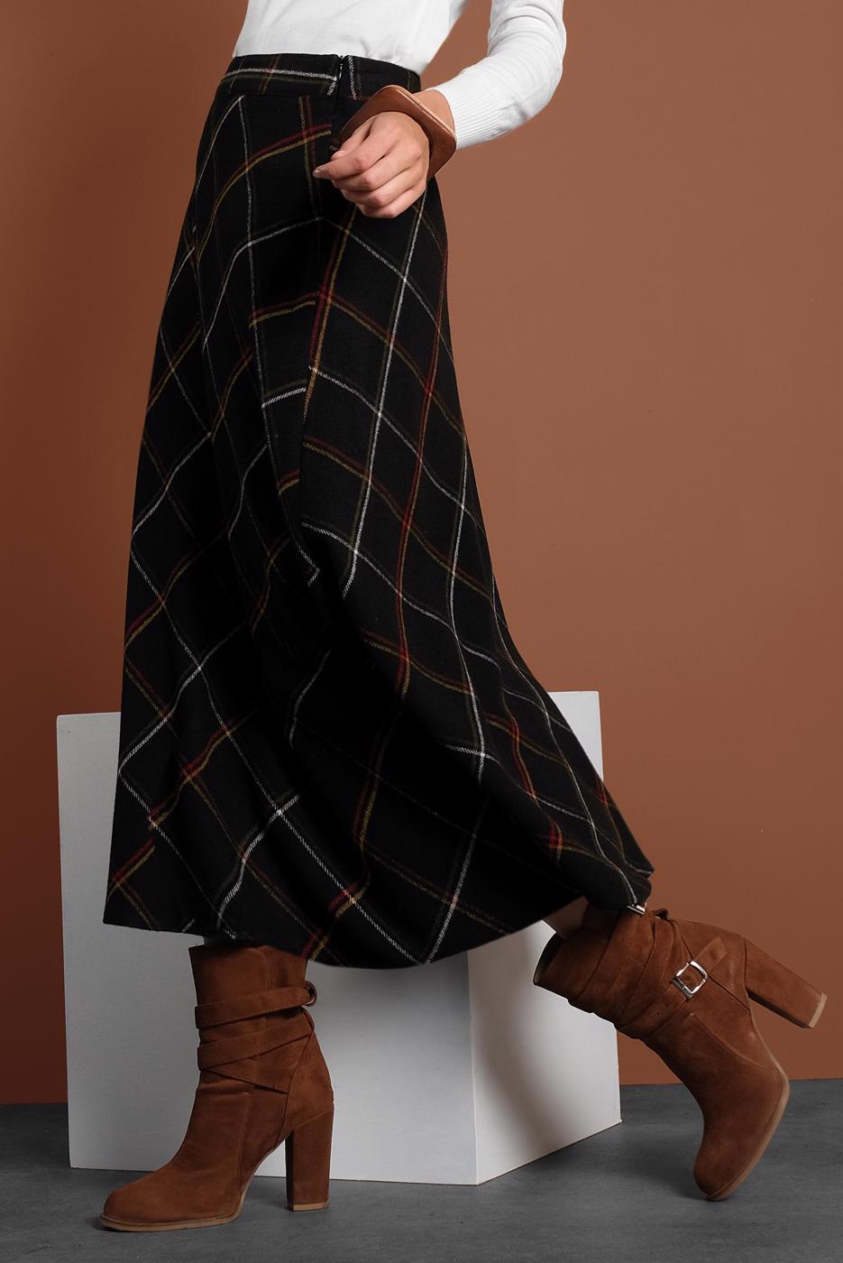 Tesettür giyim SİYAH KARELİ FERMUARLI ÇAN ETEK 2022