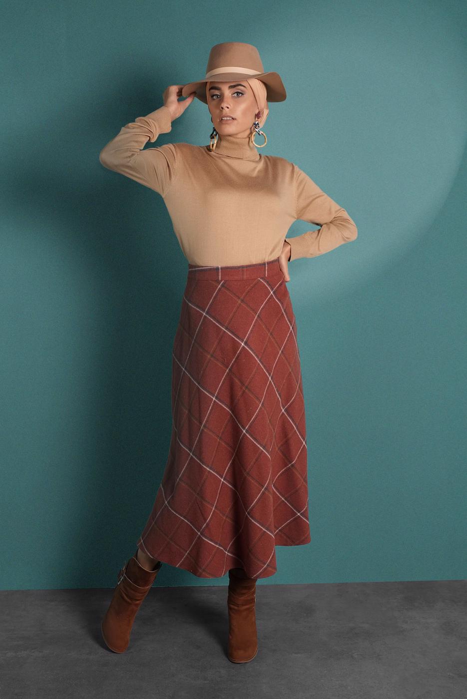 Tesettür giyim TABA KARELİ FERMUARLI ÇAN ETEK 2022