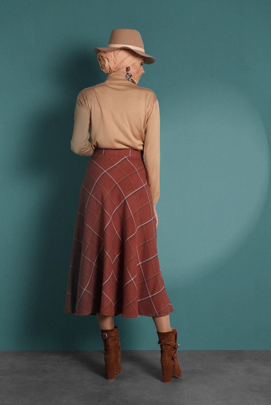 Tesettür giyim TABA KARELİ FERMUARLI ÇAN ETEK 2022