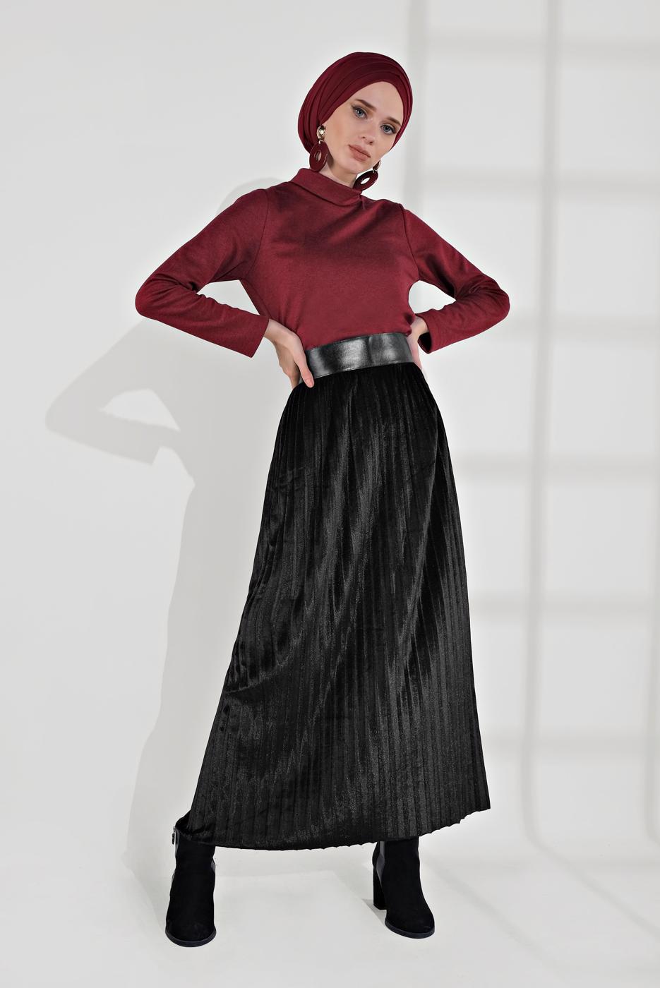 Tesettür giyim SİYAH PİLİSELİ KADİFE ETEK 3300