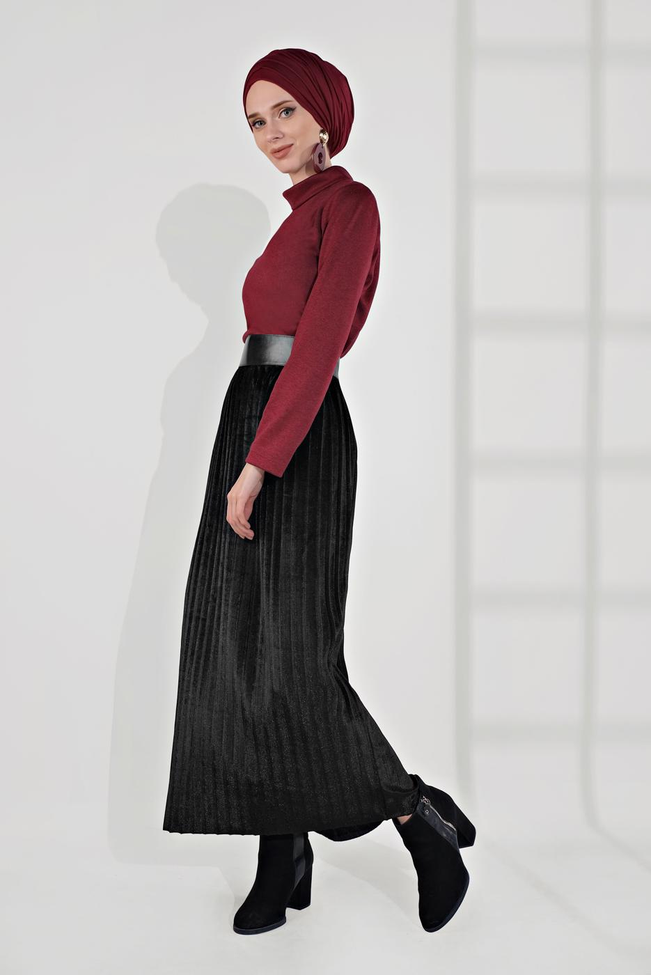 Tesettür giyim SİYAH PİLİSELİ KADİFE ETEK 3300