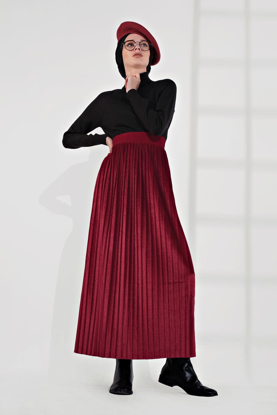 Tesettür giyim BORDO PİLİSELİ KADİFE ETEK 3300