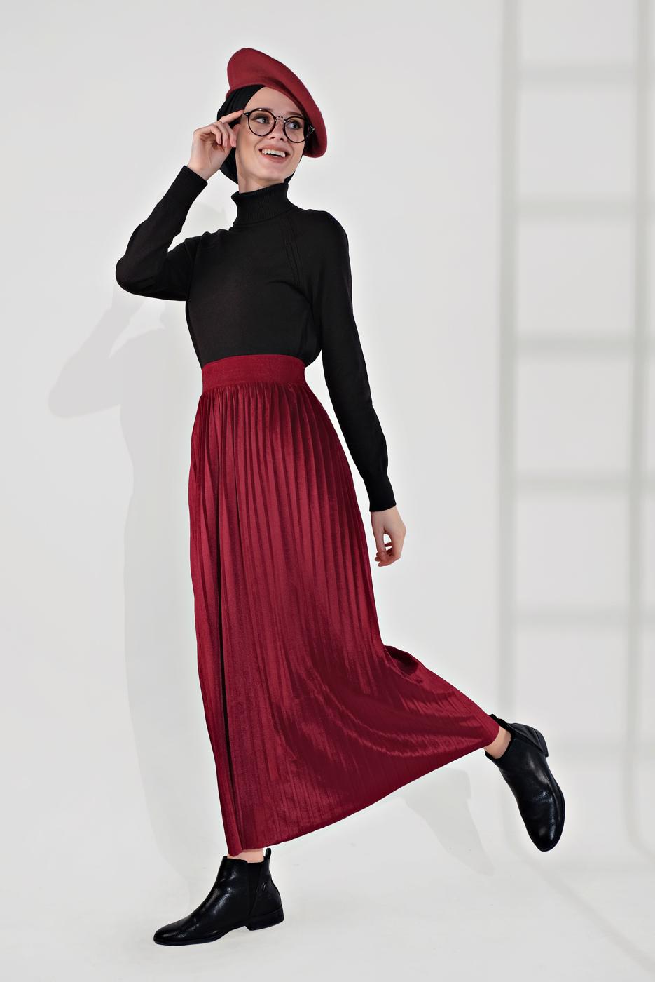 Tesettür giyim BORDO PİLİSELİ KADİFE ETEK 3300