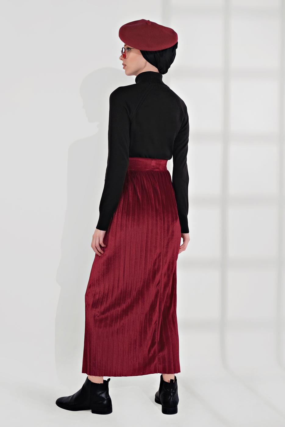 Tesettür giyim BORDO PİLİSELİ KADİFE ETEK 3300