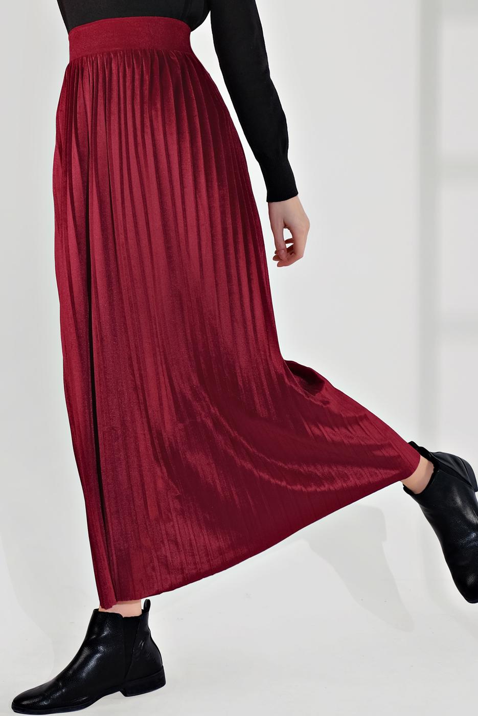 Tesettür giyim BORDO PİLİSELİ KADİFE ETEK 3300