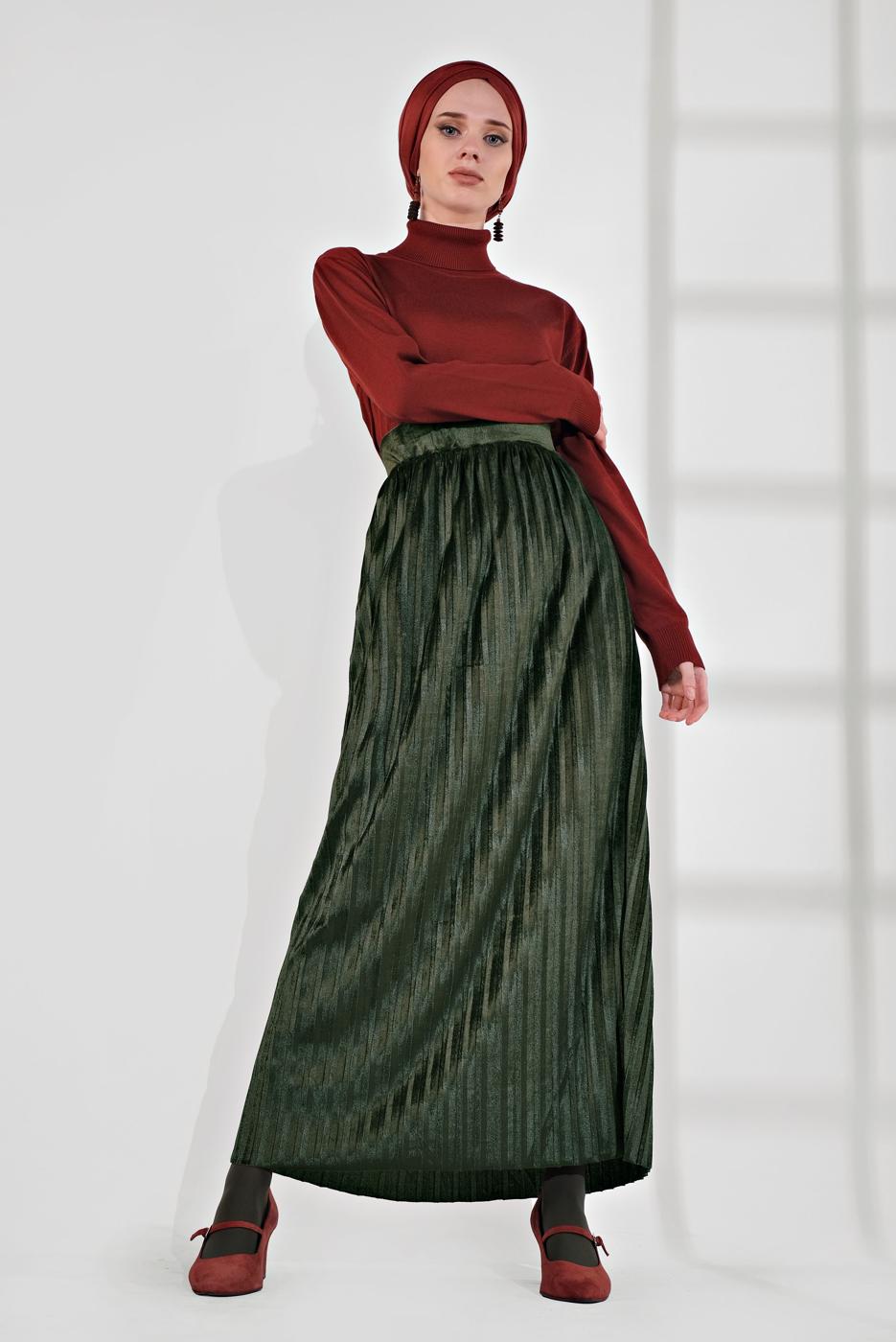 Tesettür giyim HAKİ PİLİSELİ KADİFE ETEK 3300