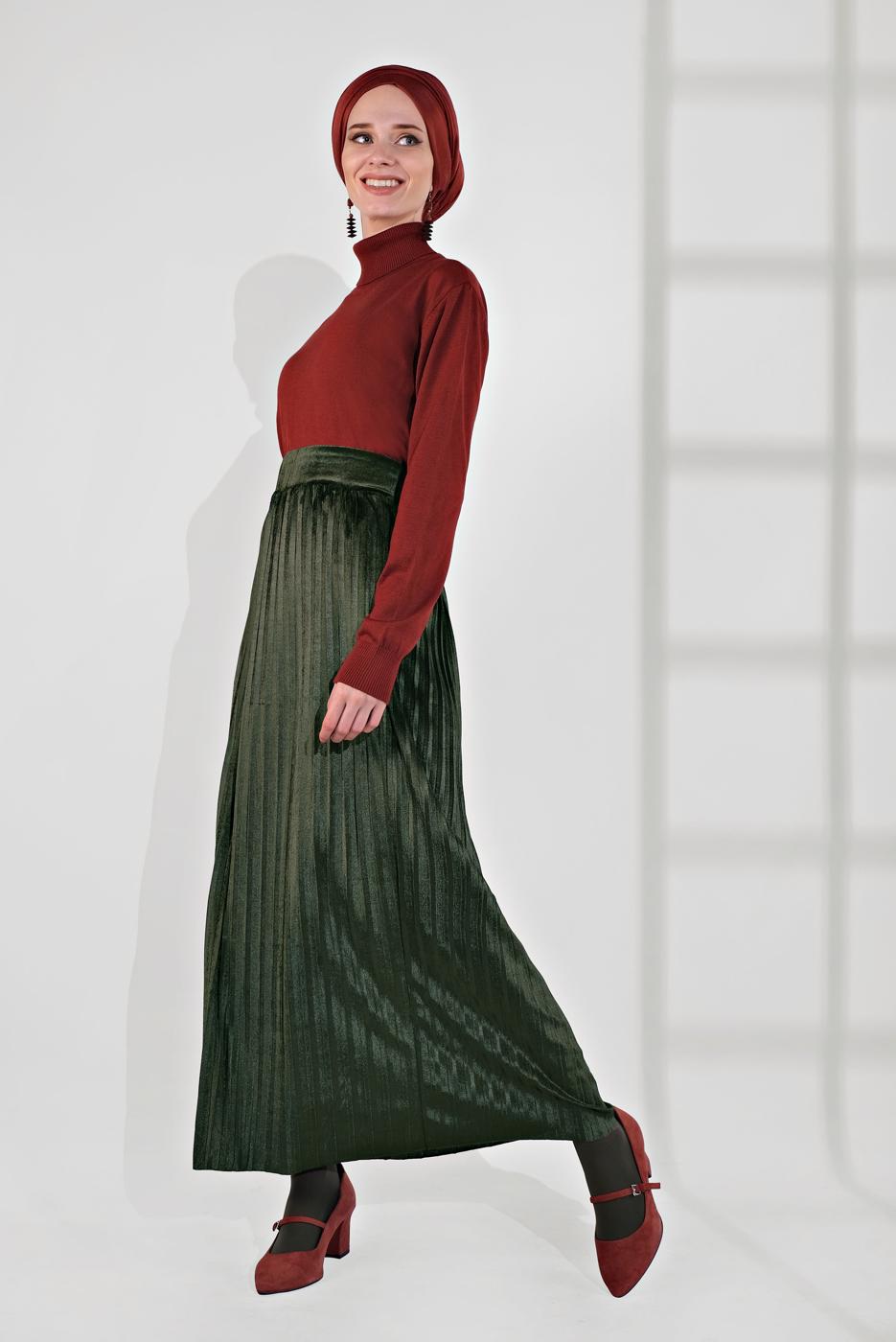 Tesettür giyim HAKİ PİLİSELİ KADİFE ETEK 3300