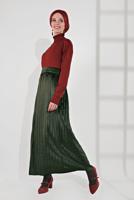 Tesettür giyim HAKİ PİLİSELİ KADİFE ETEK 3300