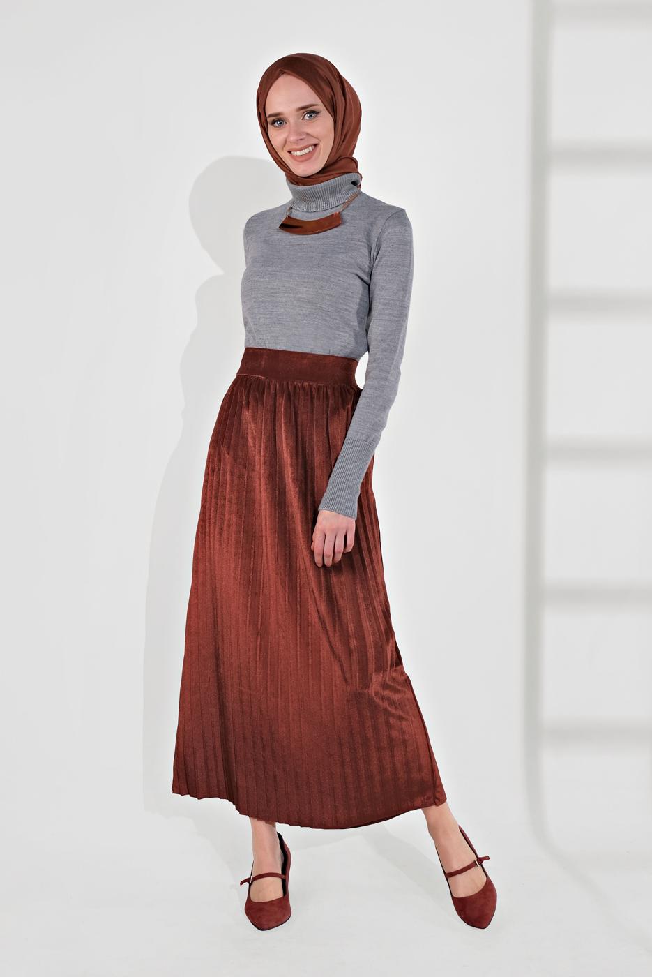 Tesettür giyim KAHVE PİLİSELİ KADİFE ETEK 3300