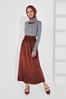 Tesettür giyim KAHVE PİLİSELİ KADİFE ETEK 3300