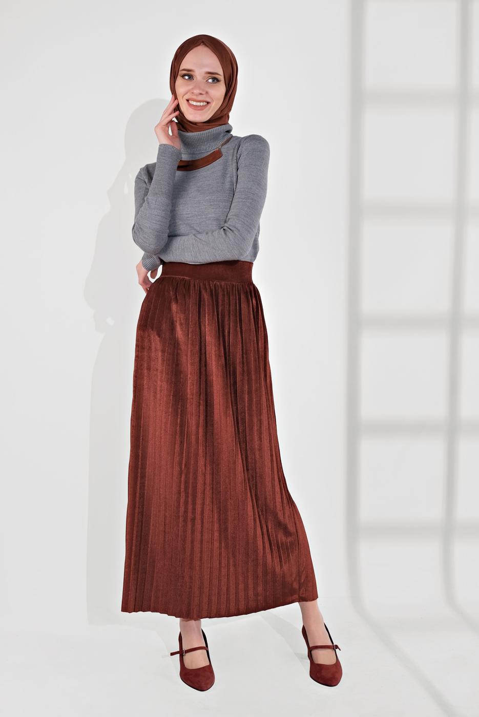 Tesettür giyim KAHVE PİLİSELİ KADİFE ETEK 3300
