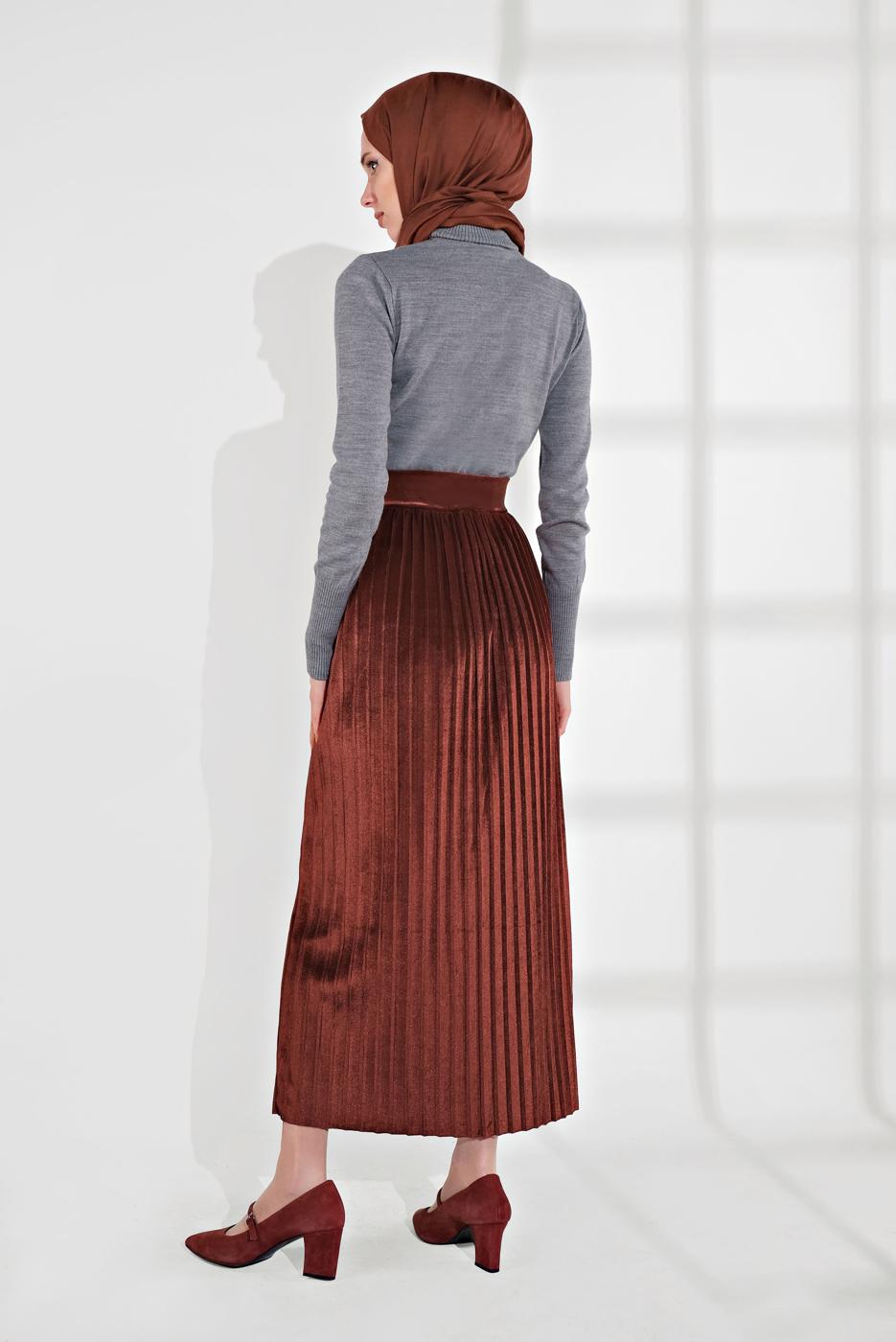 Tesettür giyim KAHVE PİLİSELİ KADİFE ETEK 3300