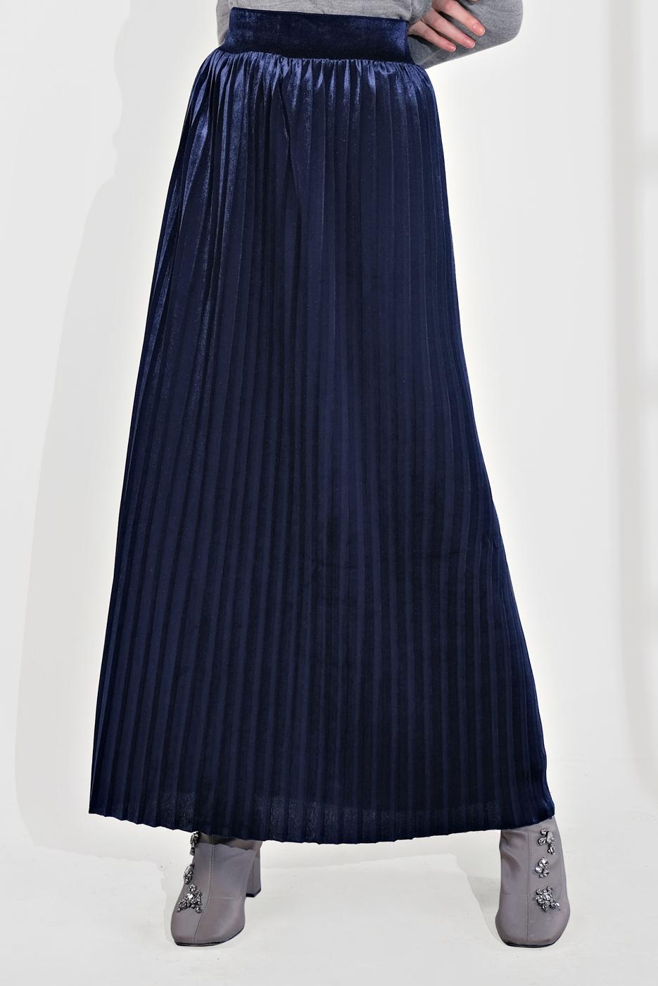 Tesettür giyim LACİVERT PİLİSELİ KADİFE ETEK 3300