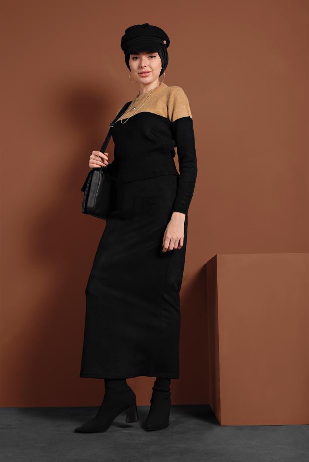 Tesettür giyim  YÜKSEK BEL LİKRALI SÜET ETEK 6060 - TRENDTESETTÜR