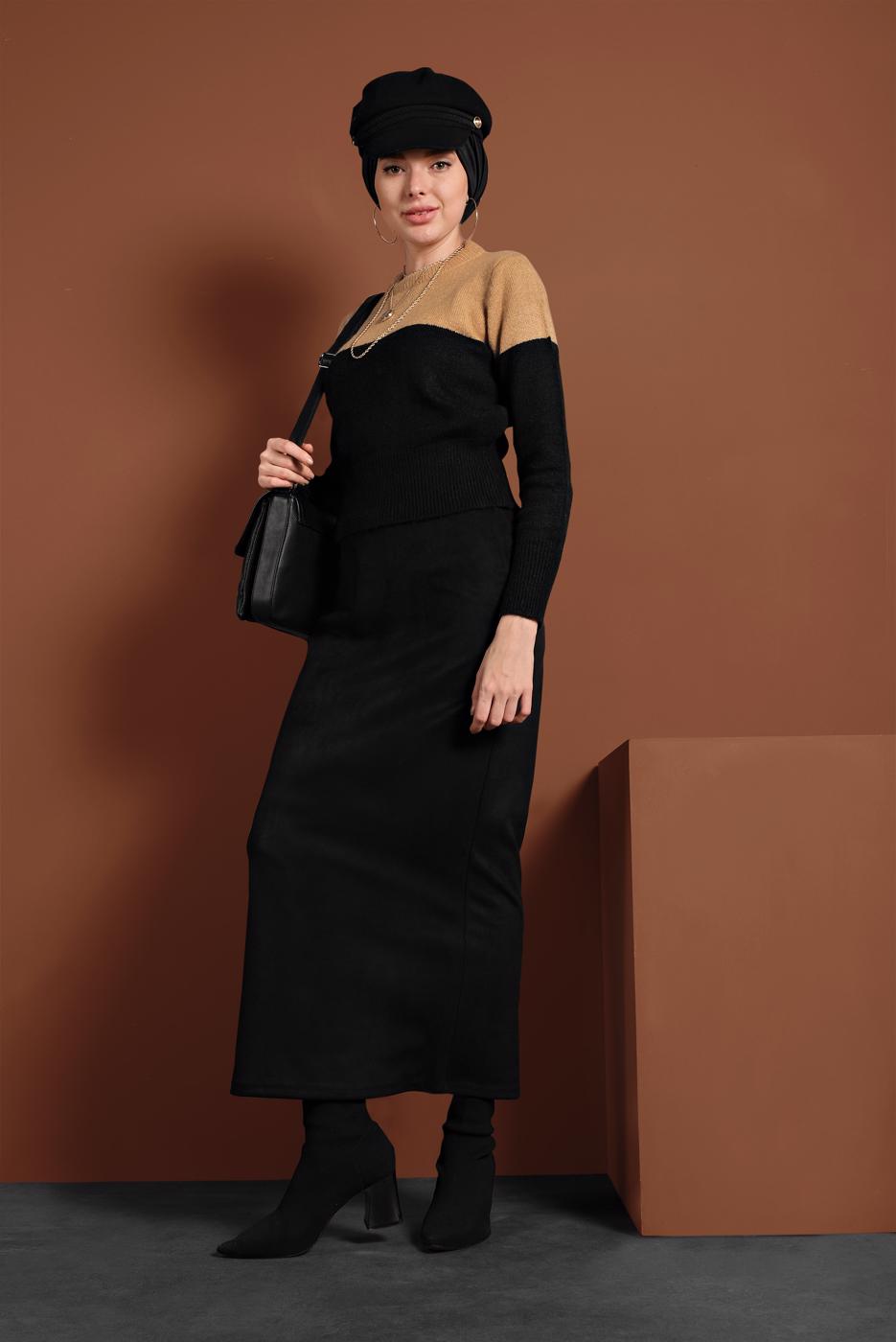 Vêtements hijab NOIR JUPE LYCRA EN DAIM À TAILLE-HAUTE 6060 