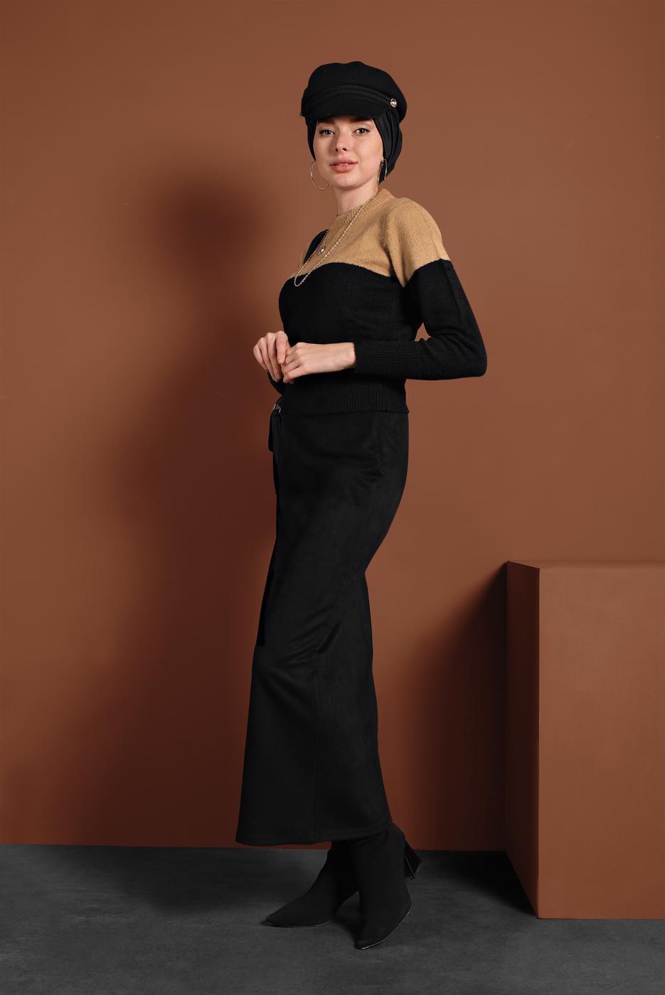 Vêtements hijab NOIR JUPE LYCRA EN DAIM À TAILLE-HAUTE 6060 