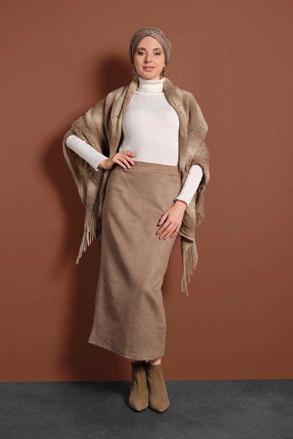 Tesettür giyim BEJ YÜKSEK BEL LİKRALI SÜET ETEK 6060