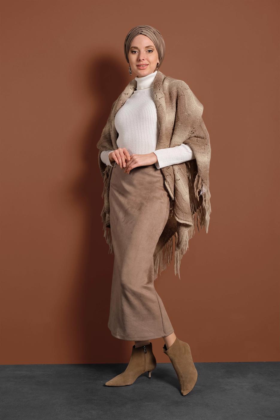 Tesettür giyim BEJ YÜKSEK BEL LİKRALI SÜET ETEK 6060