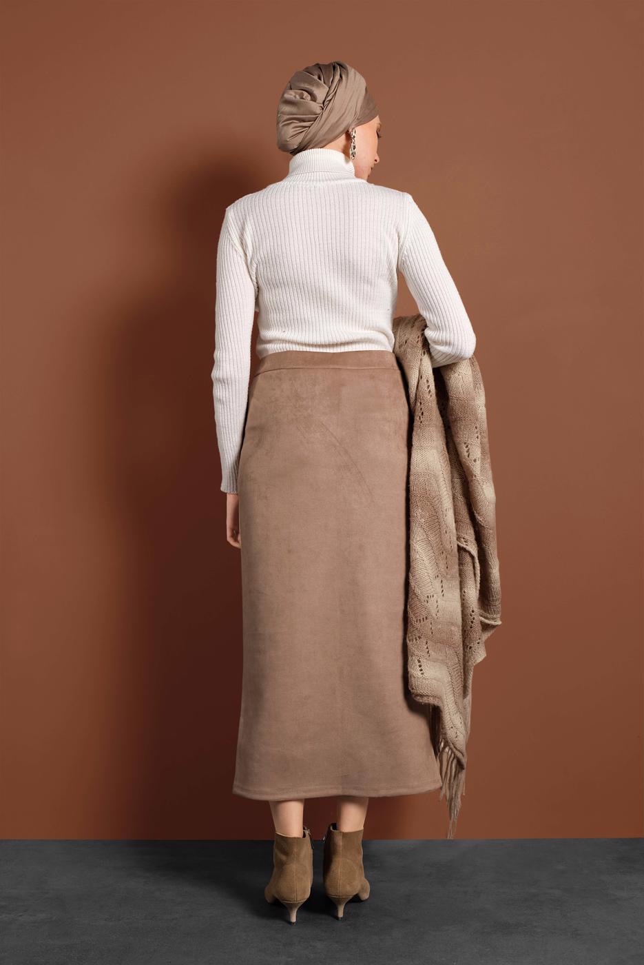 Tesettür giyim BEJ YÜKSEK BEL LİKRALI SÜET ETEK 6060