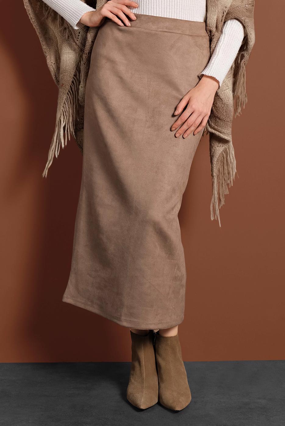 Tesettür giyim BEJ YÜKSEK BEL LİKRALI SÜET ETEK 6060