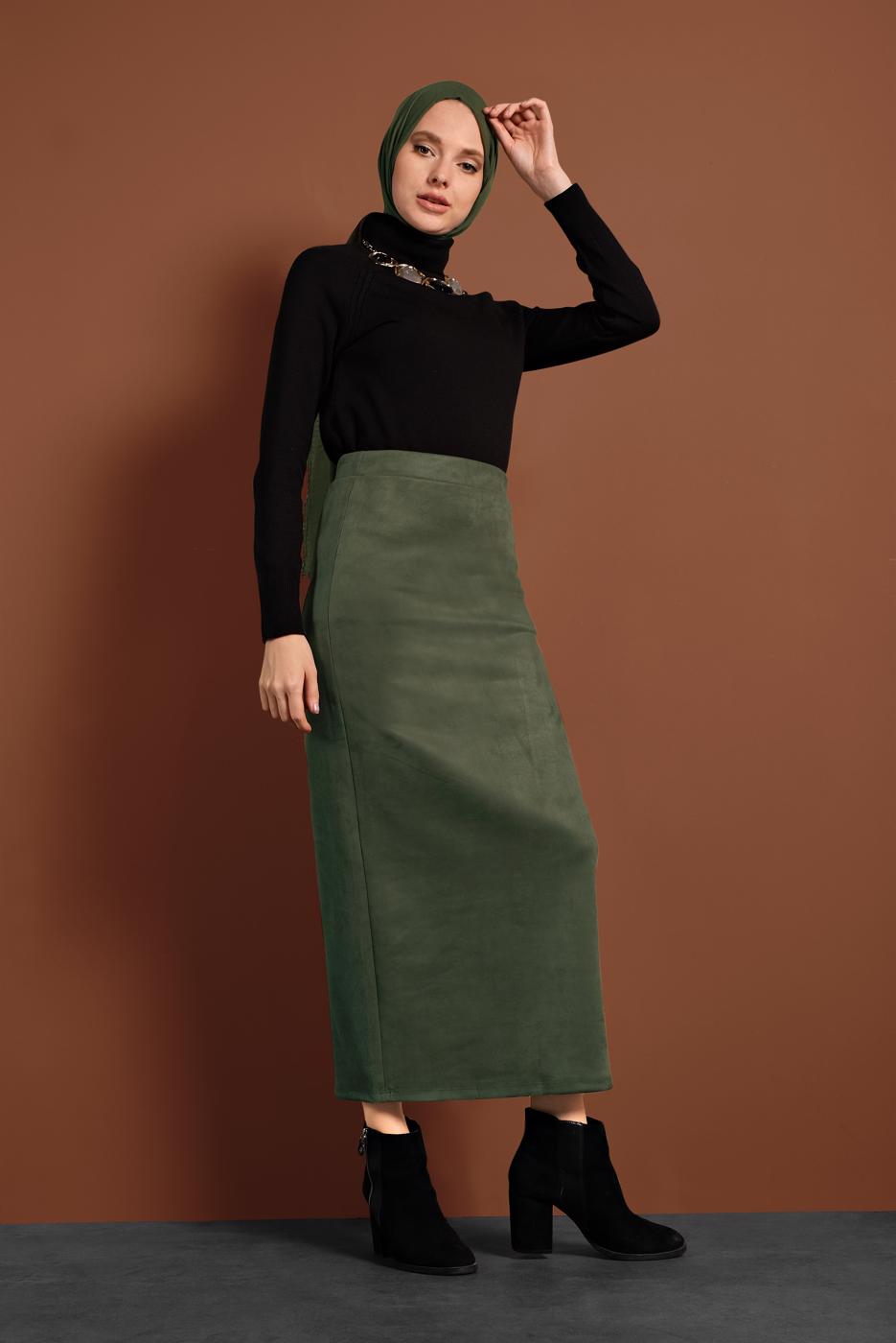 Tesettür giyim HAKİ YÜKSEK BEL LİKRALI SÜET ETEK 6060