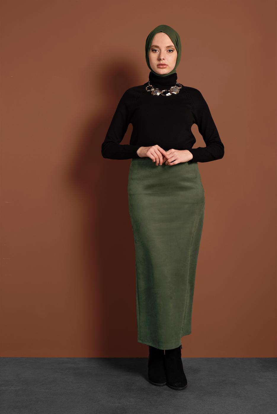 Tesettür giyim HAKİ YÜKSEK BEL LİKRALI SÜET ETEK 6060