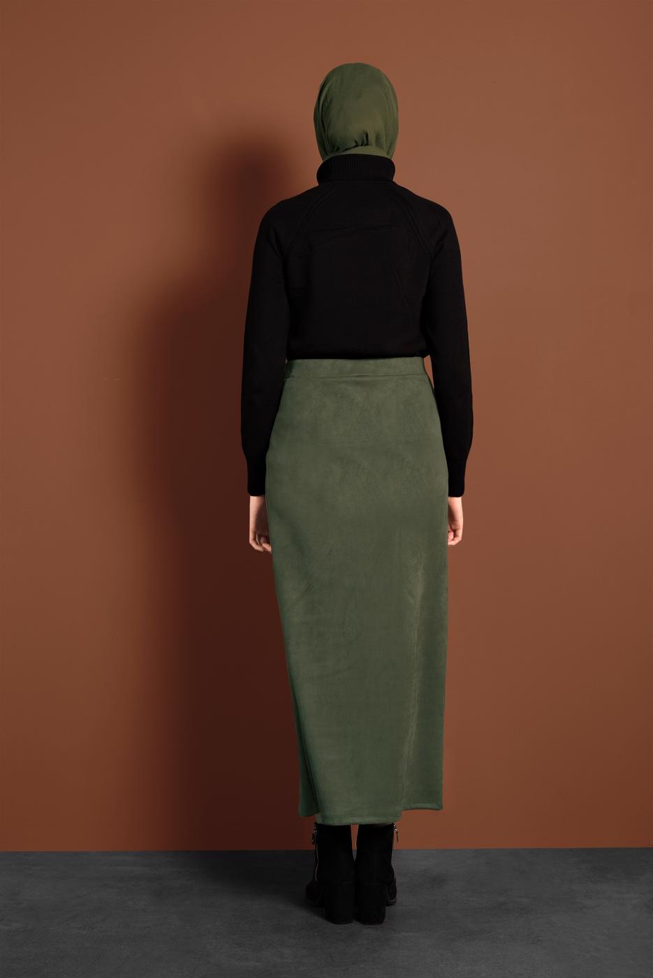 Tesettür giyim HAKİ YÜKSEK BEL LİKRALI SÜET ETEK 6060