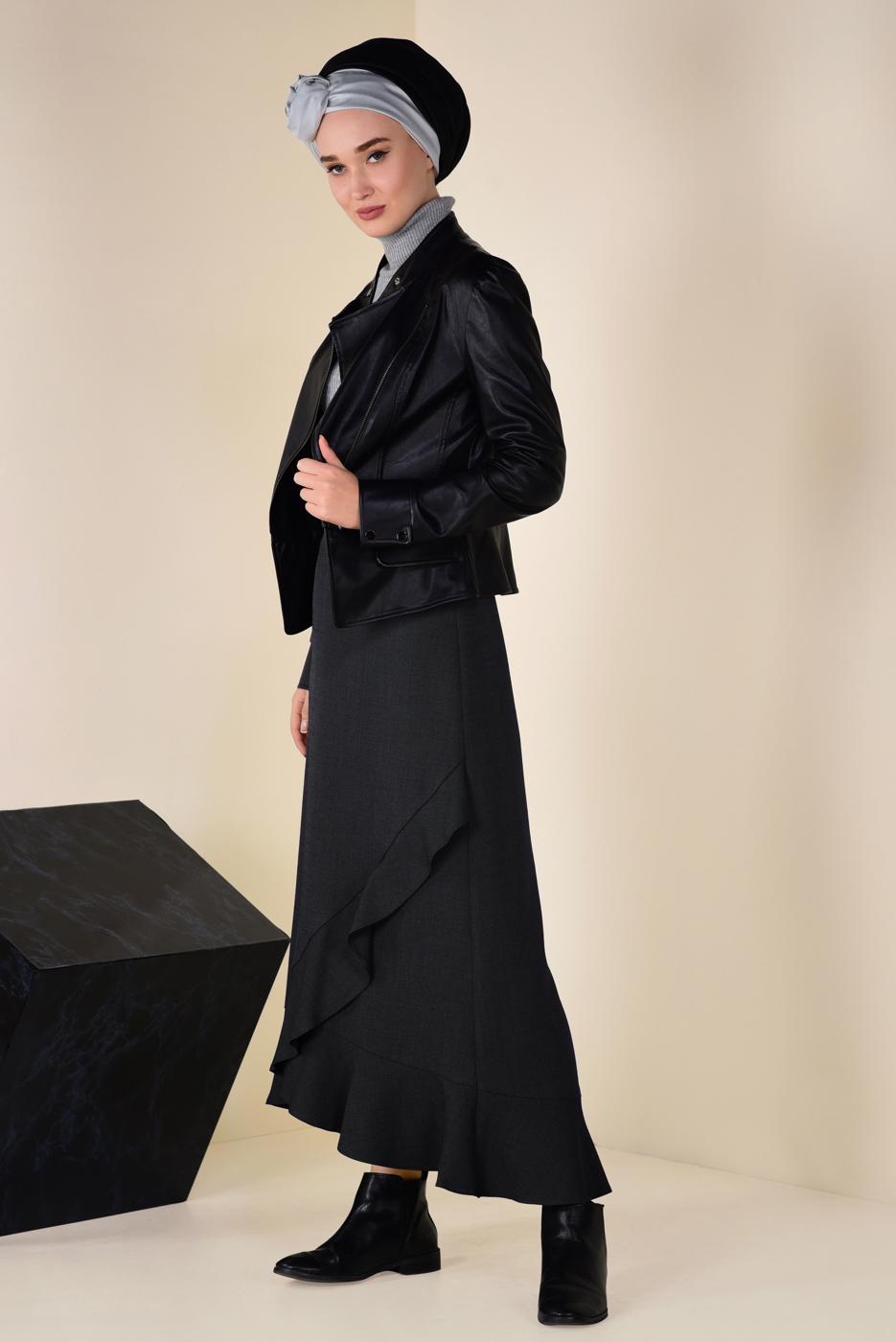 Tesettür giyim SİYAH VOLANLI ASİMETRİK ETEK 6248