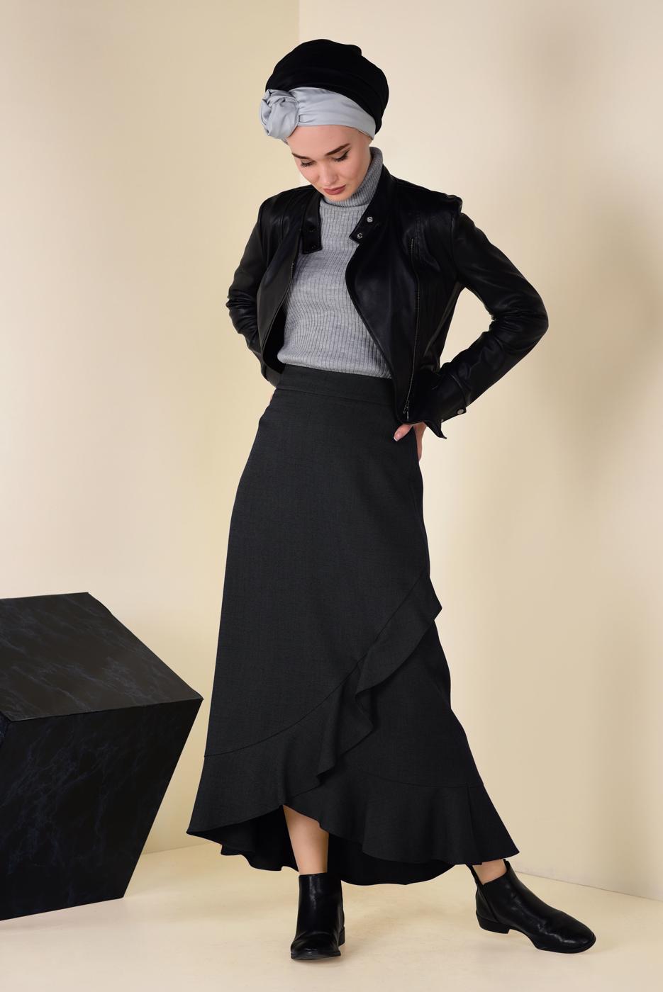 Tesettür giyim SİYAH VOLANLI ASİMETRİK ETEK 6248