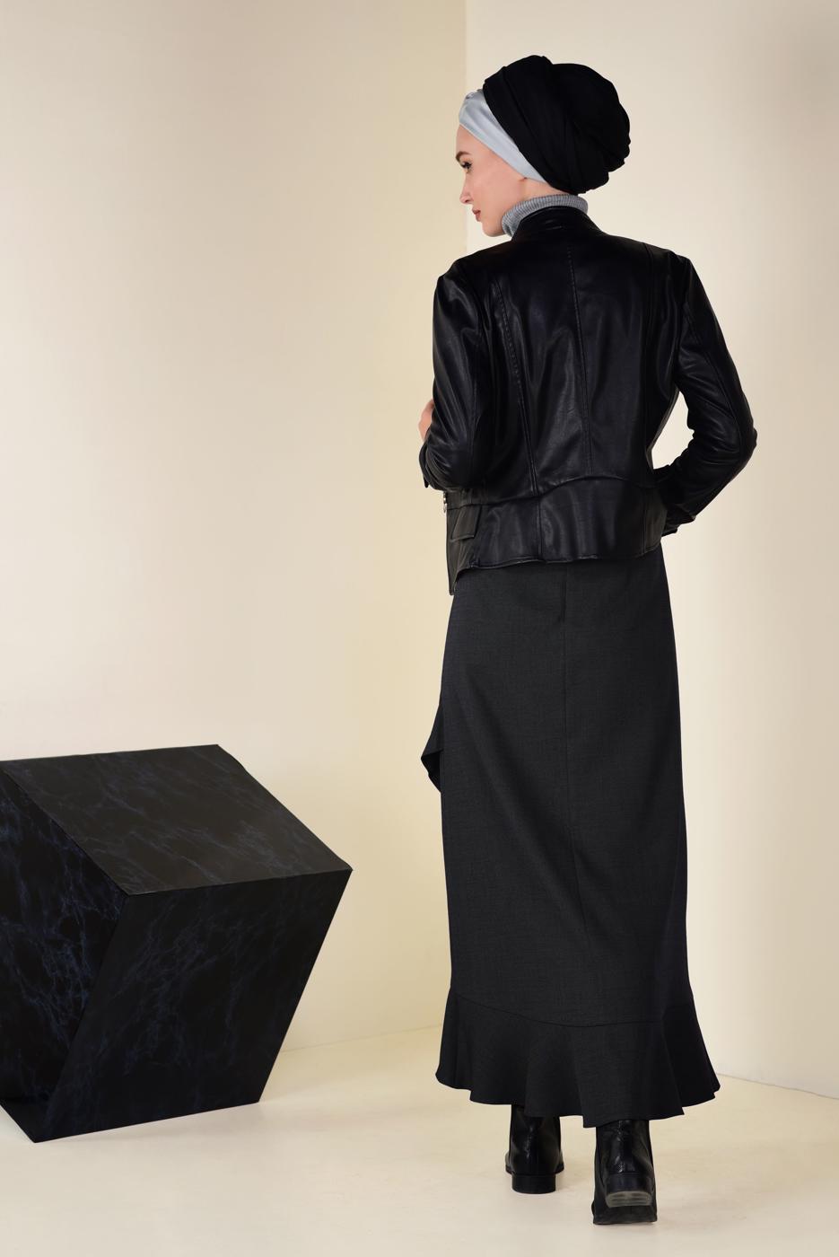 Tesettür giyim SİYAH VOLANLI ASİMETRİK ETEK 6248