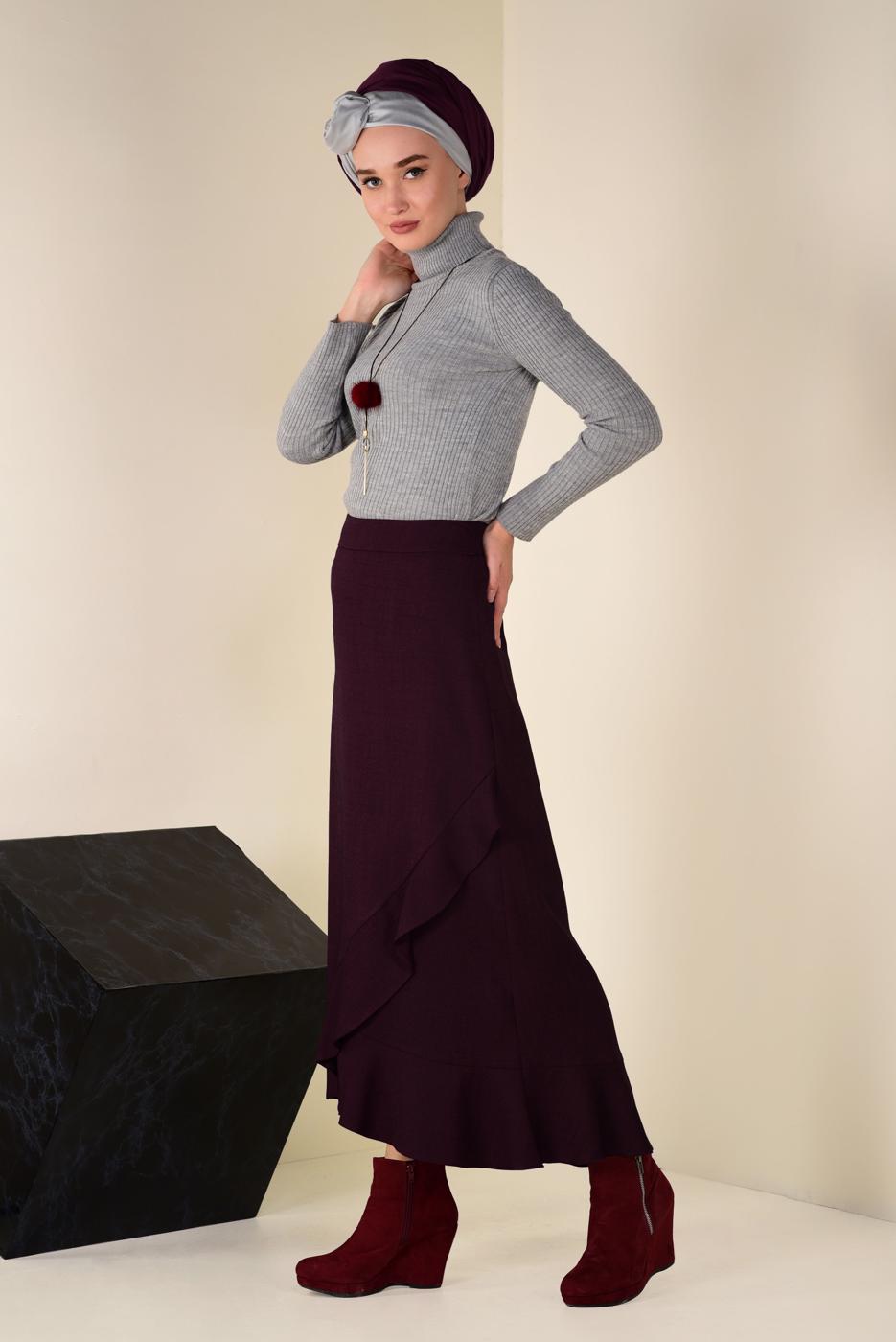 Tesettür giyim BORDO VOLANLI ASİMETRİK ETEK 6248