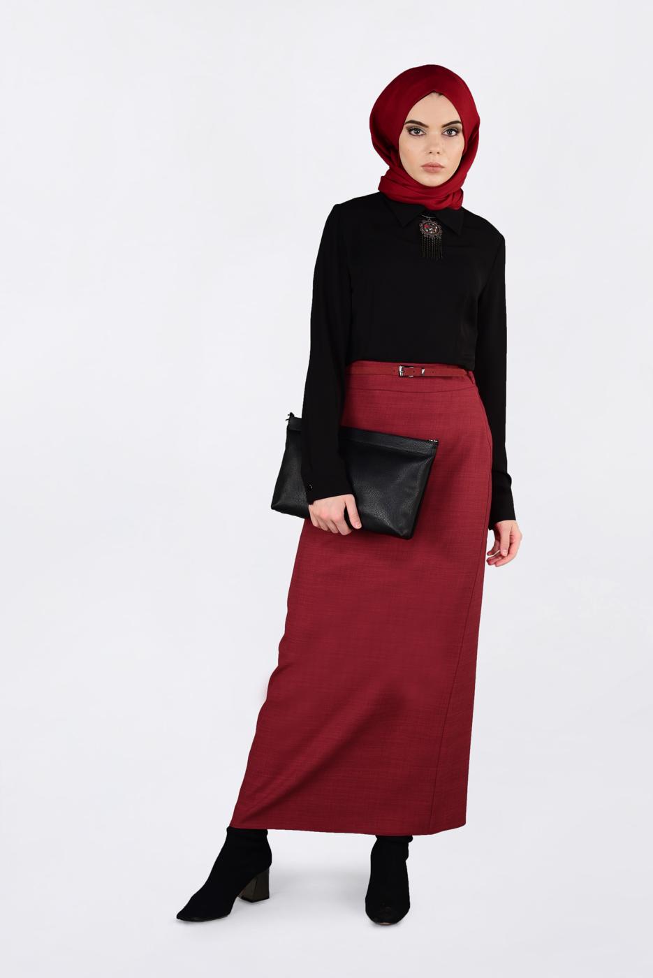 Tesettür giyim KIRMIZI KEMERLİ KALEM ETEK 6250