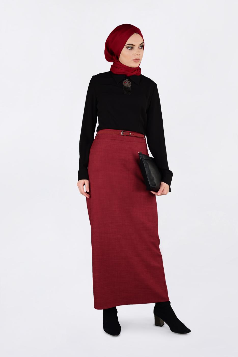 Tesettür giyim KIRMIZI KEMERLİ KALEM ETEK 6250